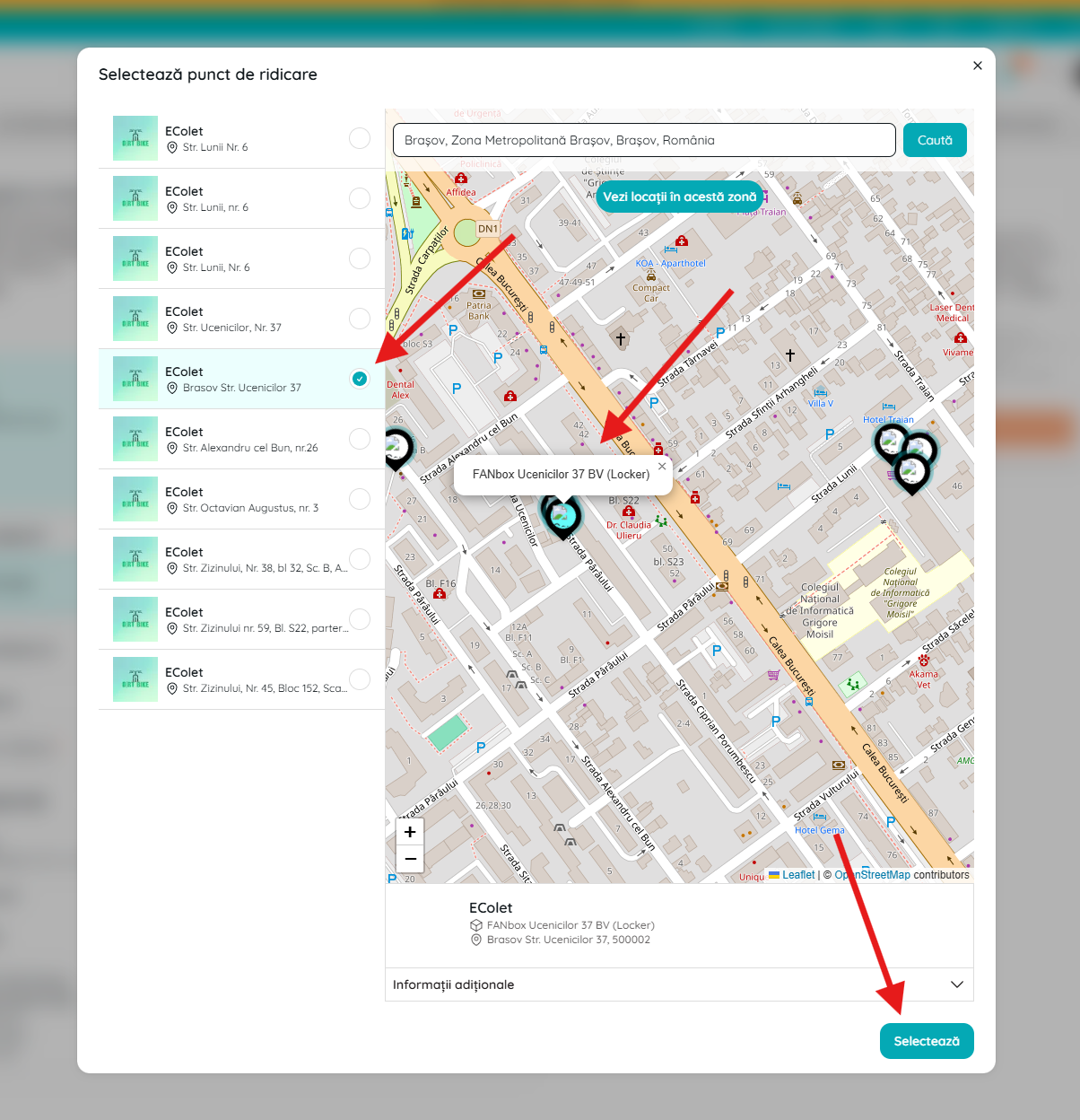 Sélectionner un casier sur la carte pour le dépôt de colis Biklo
