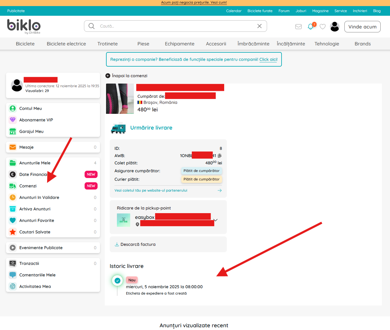 page de suivi de livraison de commande Biklo